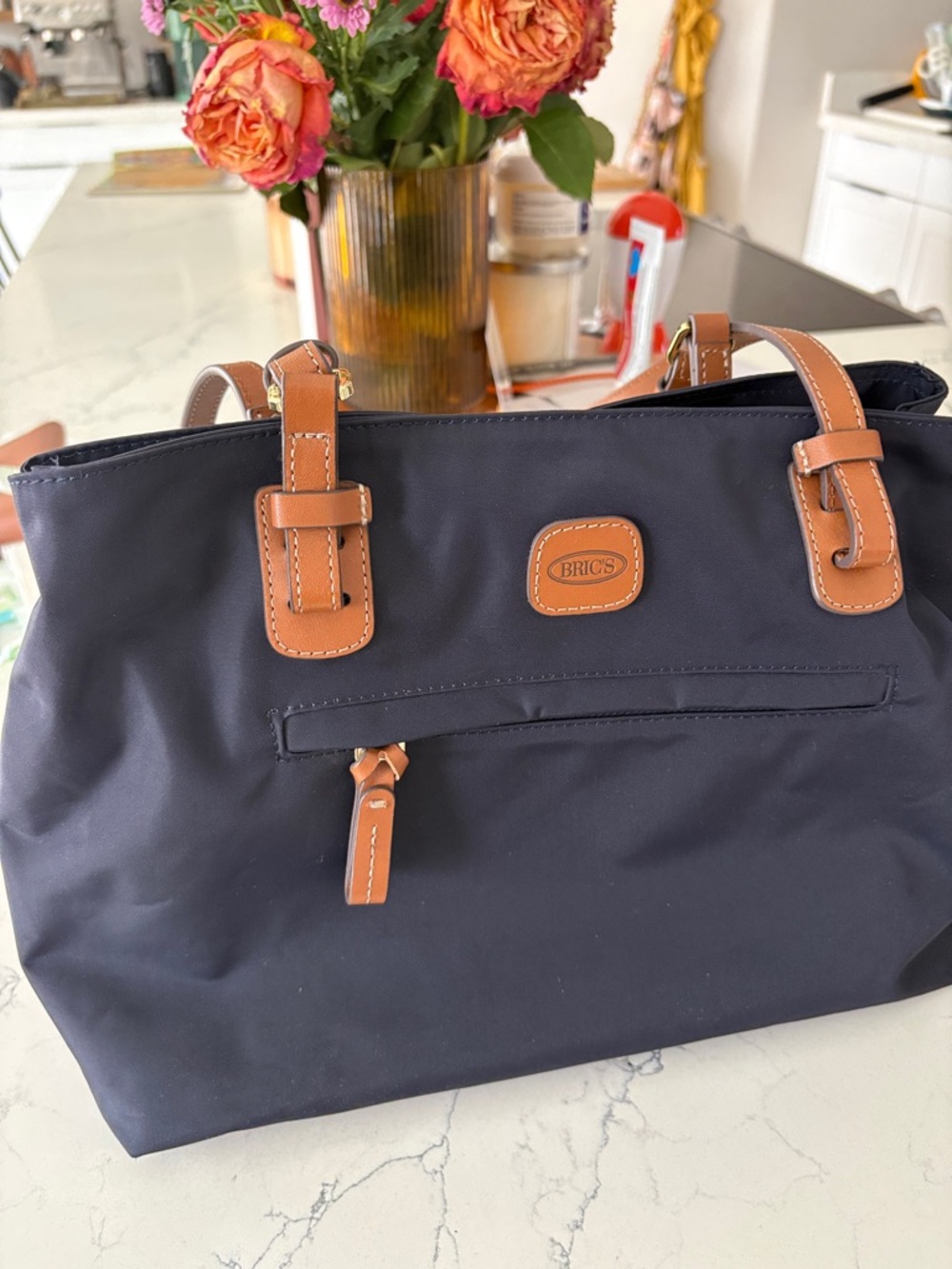 Bric's Navy Tote with Tan Leather Trim